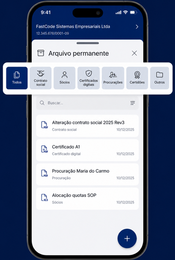 Consultare App — tela de Arquivo permanente com contratos, certificados, procurações e documentos societários